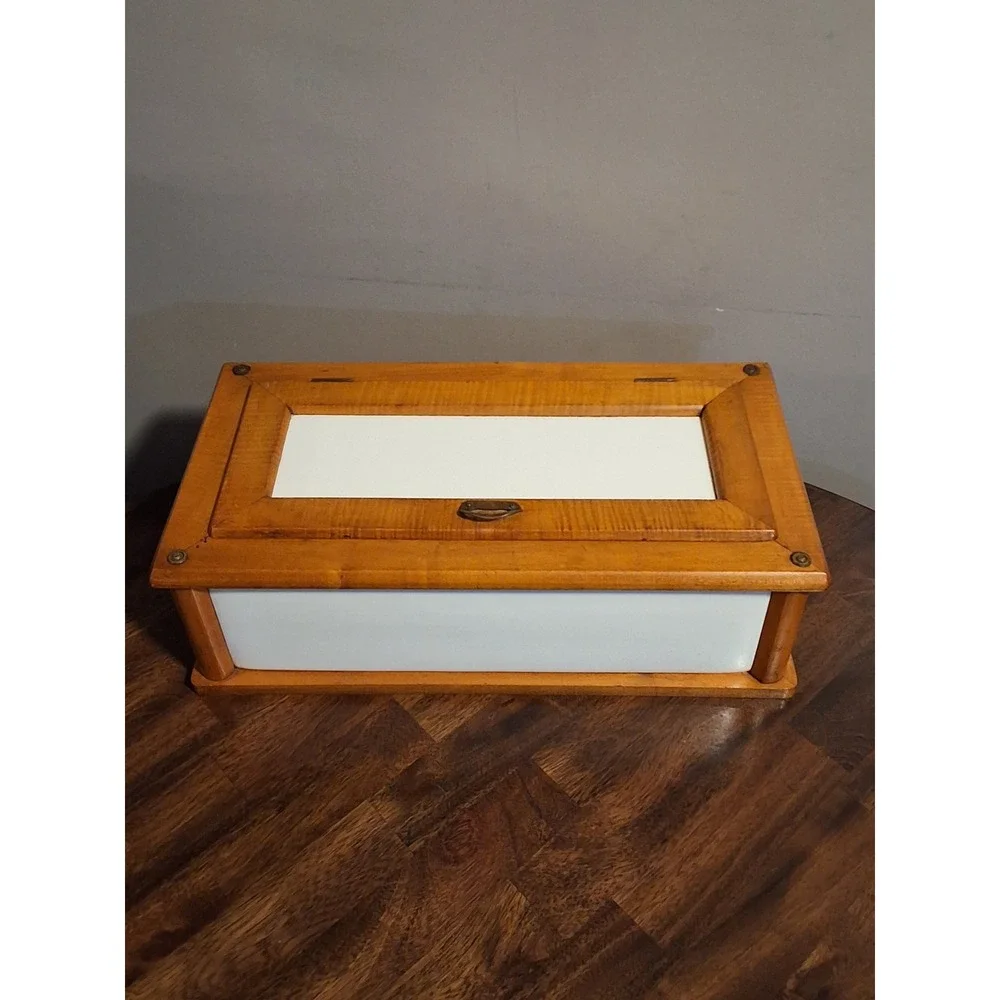 Vintage Germany Tiger Maple Wood and White Ceramic Bread Box Storage Container